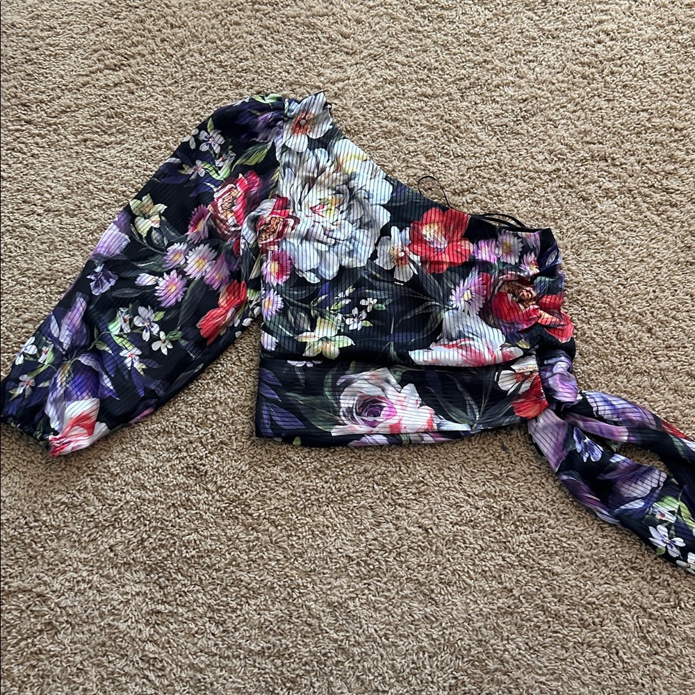 Express Floral One-Shoulder Top - Black, Red, Purple